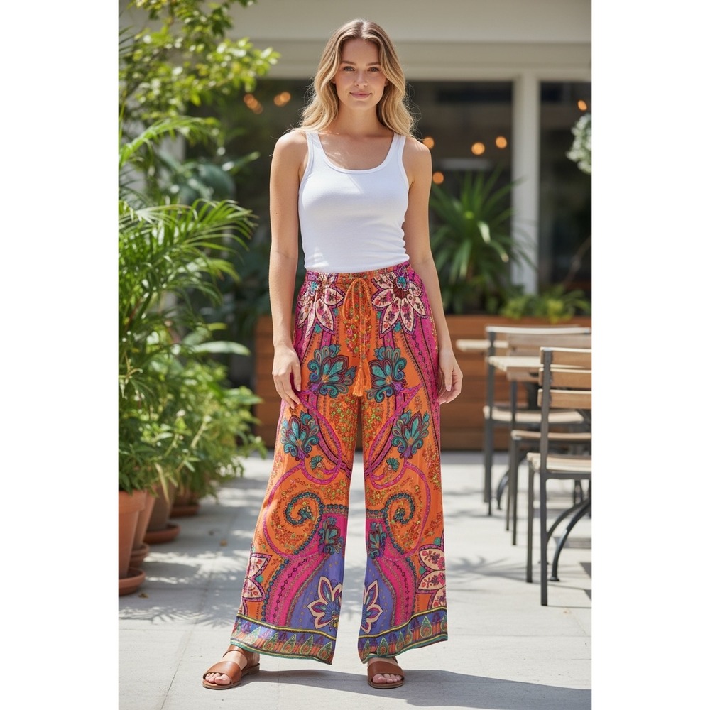 Flying Tomato Paisley Wide Leg Pants Womens S Multicolor Boho Tassel Floral